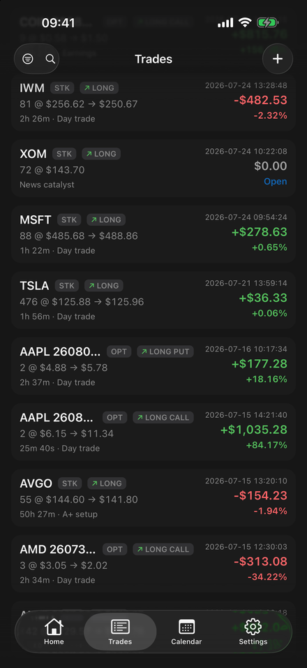 Trade log with per-trade P&L on mobile
